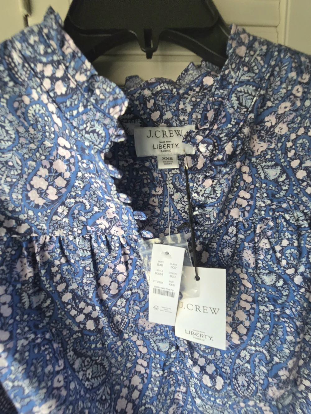 NWT J. Crew Liberty Blue Paisley Floral Button-Front Popover Blouse Cotton XXS